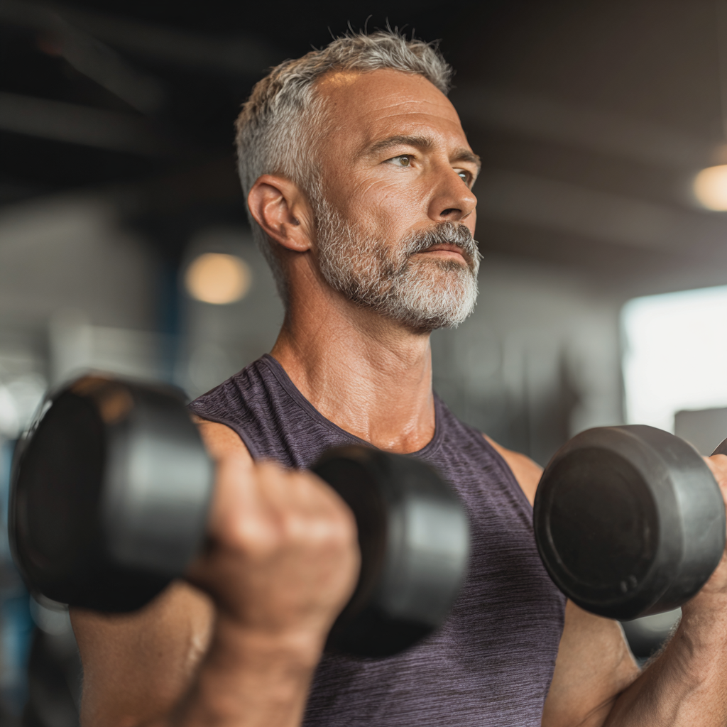 middle-aged person doing strength training at modern gym